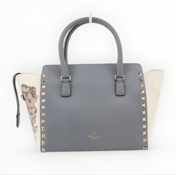 Valentino Garavani Floral Rockstud Crossbody 2way Tote Bag Gray Cream Leather - Picture 2 of 10